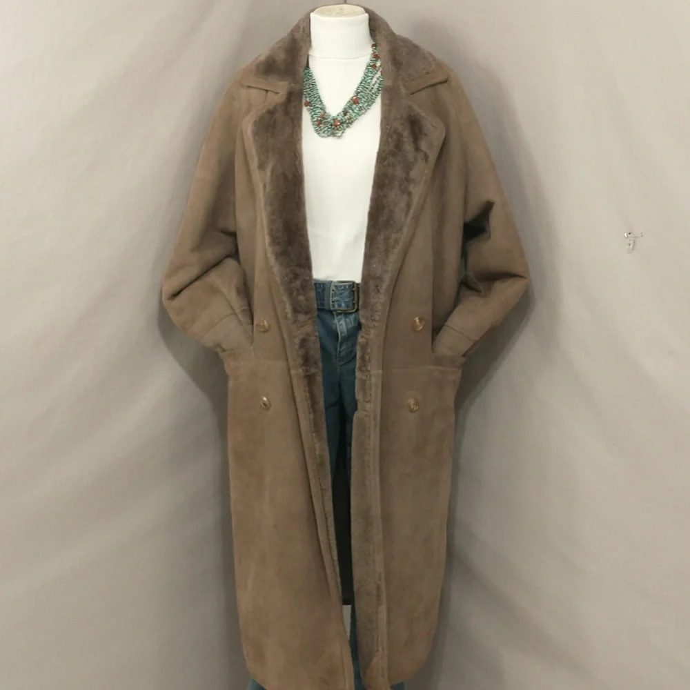 Vintage Shearling Coat USA Made Sawyer Napa Taupe Maxi Oversized Warm SeeMeasure - Picture 2 of 16